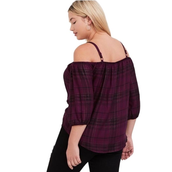 Torrid Purple Plaid Button Front Cold Shoulder Top Size 2 - Picture 3 of 17